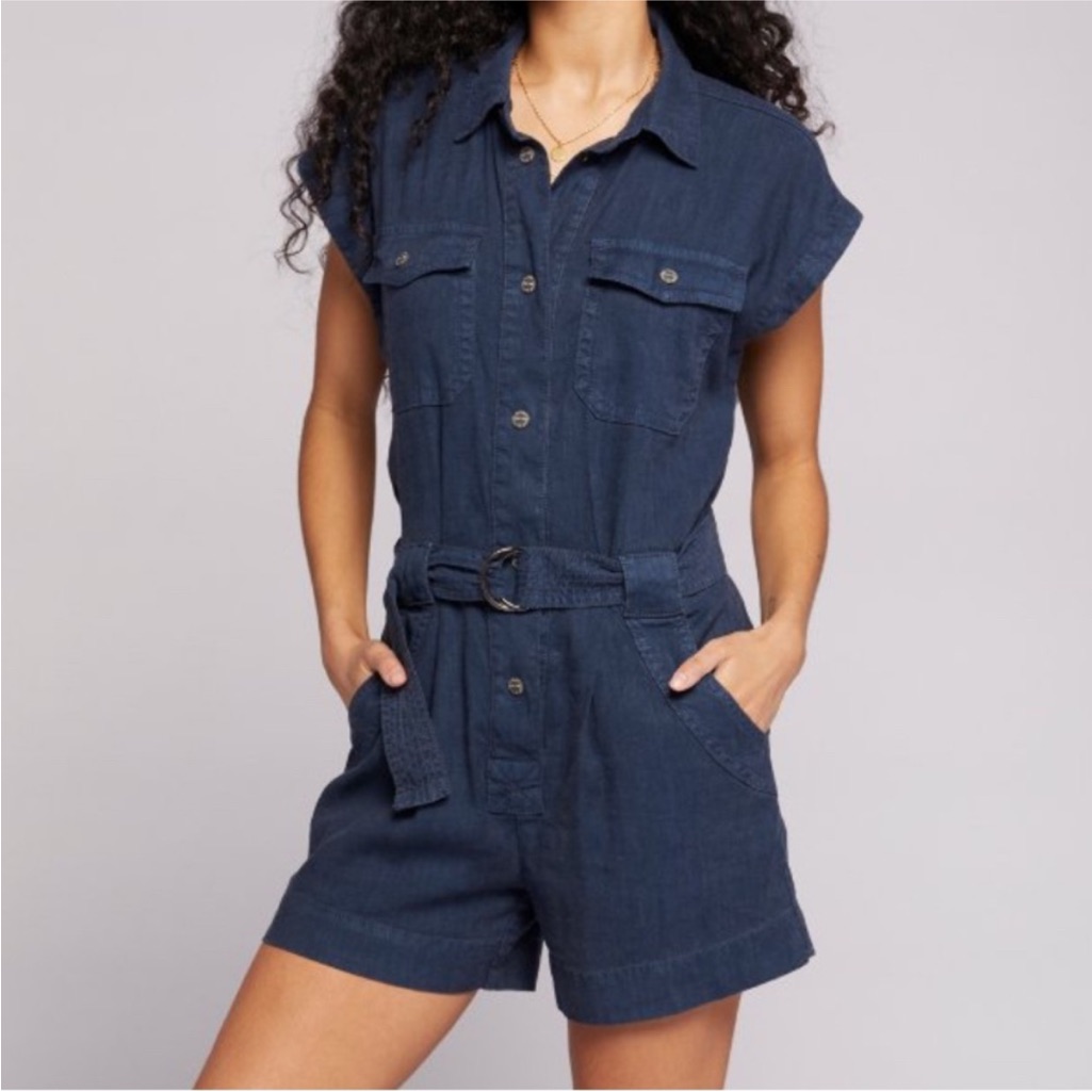 New! Current/Elliott Dark Blue Denim Short-Sleeve Romper With Belt Size S
